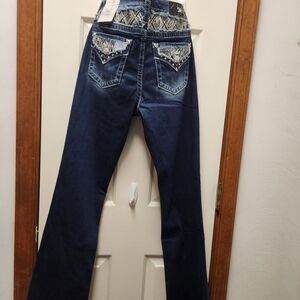 Miss Me Dark Blue Flare Jeans with Embroidered Pockets